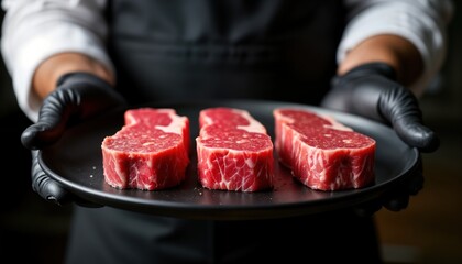 Skilled butcher presents three prime Wagyu beef steaks on black plate. Man in black gloves holds plate. Fresh meat ready for cooking. Butcher uses gloves. Marbling visible. Preparation for delicious
