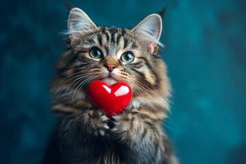 Marketing idea. Cute maine coon feline infant with diamond red heart - symbol of love, funny greeting card. Maine coon - my desired cat. Kitten with flowers. Adorable valentine kitten.