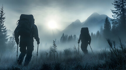 Hikers Navigate Misty Landscape with Backpacks at Dawn