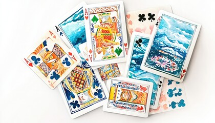 A vibrant collection of playing cards featuring unique illustrations and designs, scattered artistically against a light background.