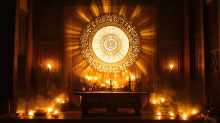 Obraz premium A wooden shrine surrounded by candles and incense, bathed in warm light, creating a sacred atmosphere.