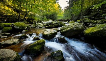 Obraz premium Serene forest stream flows over moss-covered rocks, sunlight filtering through lush green canopy. Ideal for nature, travel, and tranquility themes. Perfect for website banners, print, or editorial