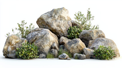 A pile of rocks and moss grass on a white background