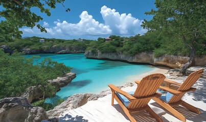 Serene Beach Cove with Adirondack Chairs and Turquoise Waters