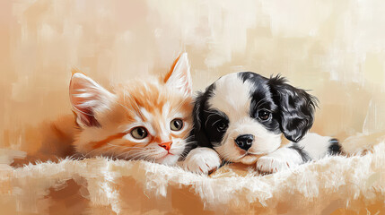A hand-drawn sketch of a curious kitten with sandy fur and a cheerful puppy with black and white spots, lying on a fluffy blanket in front of a warm caramel-toned wall. Natural light from an open wind