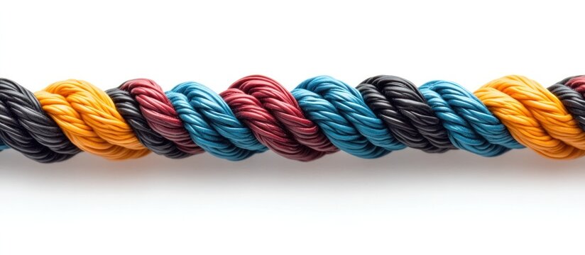 Colorful twisted cords in various shades of orange red blue and black forming an intricate and decorative pattern