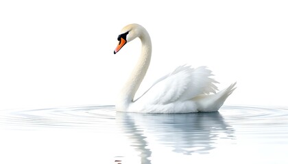 Elegant White Background Swan Gliding Gracefully on Tranquil Water Surface with Reflected Ripples