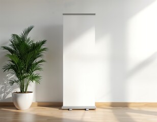 Blank white roll up banner mockup. Empty banner display. Modern style presentation. Design template ready for brand message company info. Interior design. Simple product presentation. Light, shadow