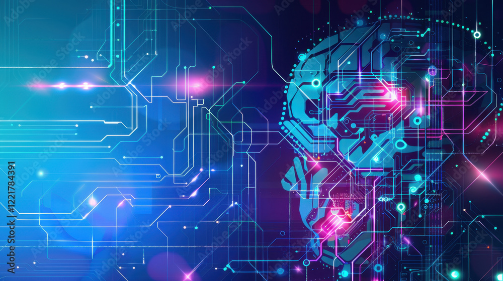Poster digital abstract representation of human head with circuit patterns, symbolizing artificial intellig