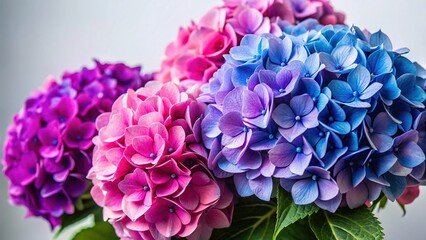 Fototapeta premium Vibrant Hydrangea Bouquet: Pink, Blue, Purple Blooms on White