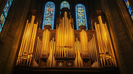 A cathedral organ with golden pipes illuminated by ambient light from stained glass windows.