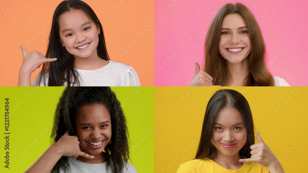 Poster a cheerful and diverse collection of individuals uses playful phone gestures on bright backgrounds. 