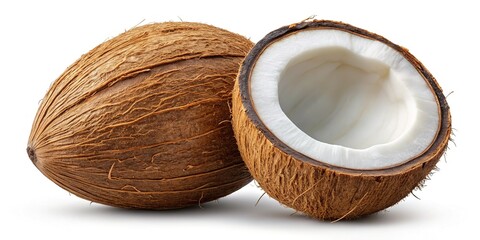 Whole & Halved Coconut, Isolated on Transparent Background - Tropical Fruit Stock Photo
