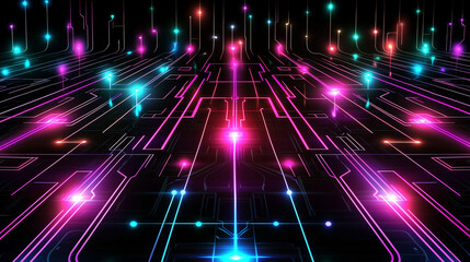 An electrifying visualization of a data grid illuminated in neon colors, representing futuristic technology, artificial intelligence, and the digital age.