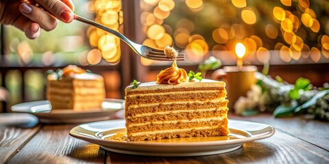 Obraz premium Woman Enjoying Delicious Honey Cake Medovik in Cozy Cafe - Lifestyle Vertical Video Still