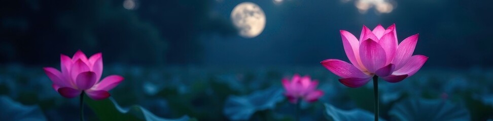 Obraz premium Lotus flowers blooming in the dark of night under full moon, flower, shadows