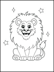 Obraz premium Illustration of a cute baby lion cartoon character. Black and white Printable lion coloring page for kids. 