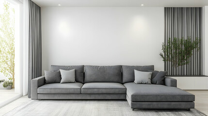 Fototapeta premium Modern gray couch in contemporary living room with natural light