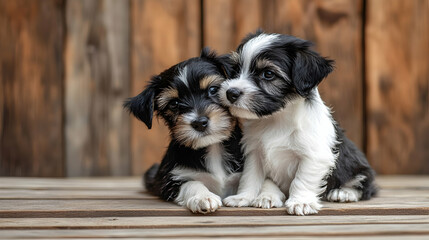 Adorable puppies sitting together on wooden background, close-up