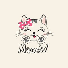 Adorable cute cat vector illustration in a charming style with a background of flowers, stars, and hearts
