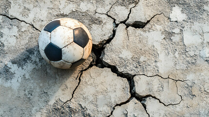 Cracked Wall with Old Soccer Ball Illustrating Abandonment and Wear