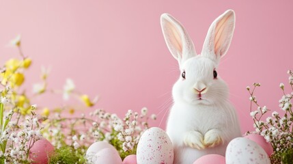 White Easter bunny with pink background, room for text