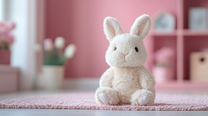White plush bunny toy sitting against a soft pink background, a delightful spring vibe