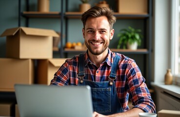 Smiling adult man works at home office using laptop. Entrepreneur looks happy, confident checking online orders. Packs products in boxes for customers. Small business owner works from home office.