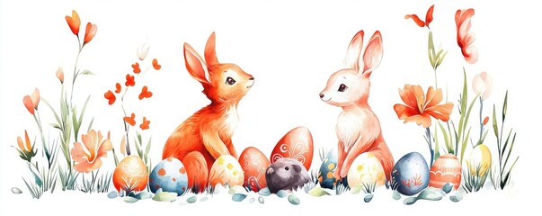 Two adorable rabbits sit amidst colorful Easter eggs and blooming flowers, creating a delightful spring scene.