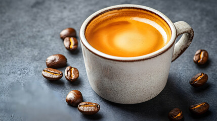 Aromatic Coffee Cup with Fresh Coffee Beans on Textured Surface