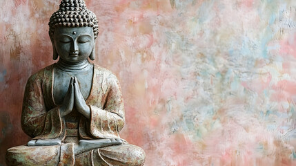 Serene Buddha Statue with Calm Expression in Soft Pastel Background
