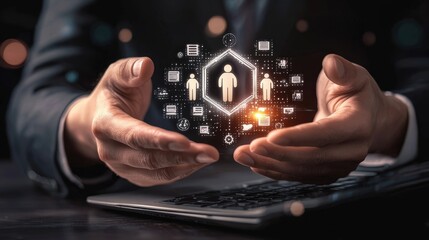 Hands forming a protective shield around a holographic family figure, representing insurance and security.