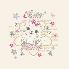 Adorable cute cat vector illustration in a charming style with a background of flowers, stars, and hearts
