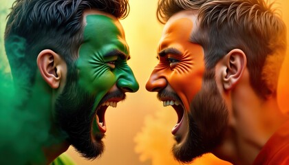 Two men face off intensely. Faces painted in contrasting team colors green, orange. Look directly at. Expressions passionate, determined, like rivals in fierce competition. Photo could depict