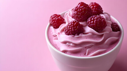 Creamy raspberry dessert topped with fresh berries on pink background
