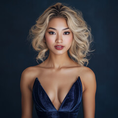 Naklejka premium Elegant portrait of a model in a blue dress studio setting fashion photography dramatic lighting close-up beauty and style concept