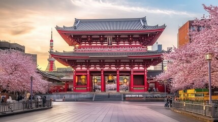 Cherry Blossom Season at Historic Temple in Tokyo with Beautiful Sky