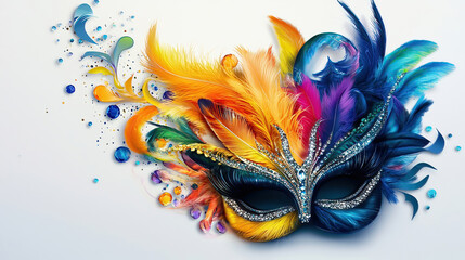 Carnival is a vibrant festival of creativity. People wear artistic masks to celebrate. Colorful Feather Mask with Sparkling Gems and Vibrant Design