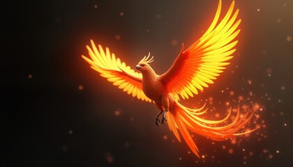 Obraz premium Fiery phoenix bird soars against dark background. Mythical creature with vibrant orange flames wings. Powerful image, perfect for fantasy art. Digital 3D render, great for creative projects, book