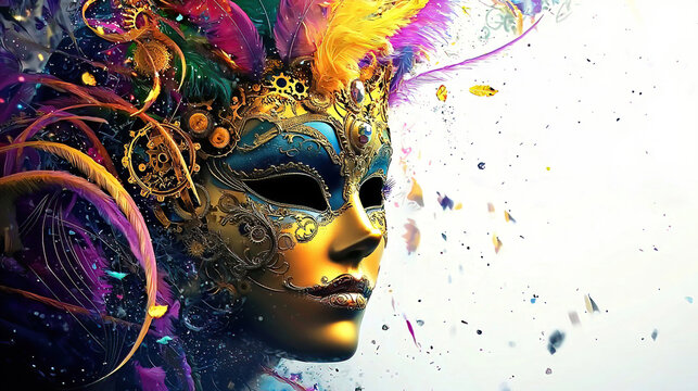 Carnival is a vibrant festival of creativity. People wear artistic masks to celebrate. Colorful Mask with Feathers and Decorative Elements