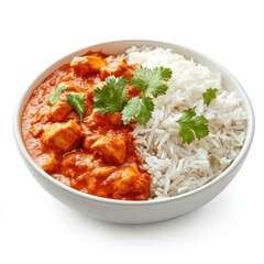 A spicy chicken tikka masala with basmati rice, isolated white background, contemporary art style