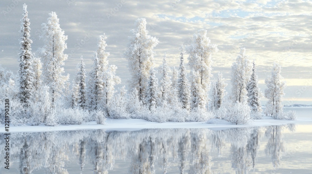 Wall mural frosty trees reflecting in calm winter lake