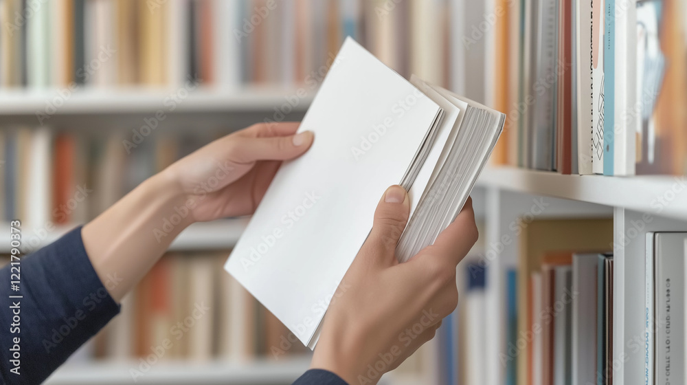 Poster student holding white book in library bookshelf background