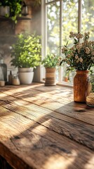 a vase of flowers on a wooden table in a kitchen