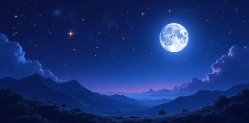 Luminous blue moonlit night sky with scattered gold stars, purple hue, space landscape, gold stars