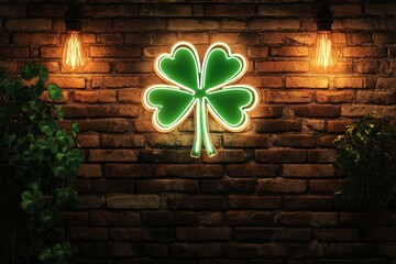 Glowing neon shamrock sign on rustic brick wall for irish theme decor