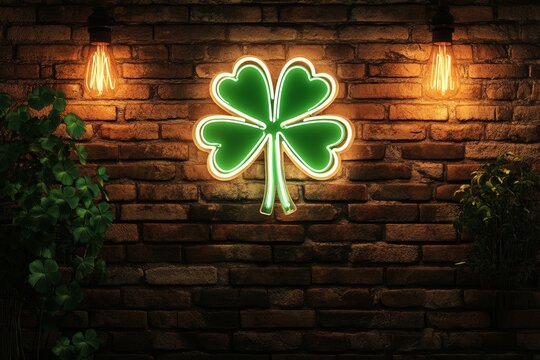 Glowing neon shamrock sign on rustic brick wall for irish theme decor