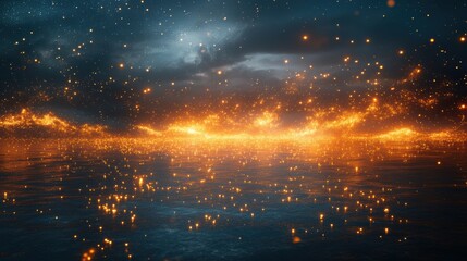 Golden Lights Reflecting on Dark Water Night Sky Sparkles Glimmering