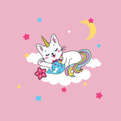 cute unicorn cat vector illustration with beautiful cloud and rainbow decoration