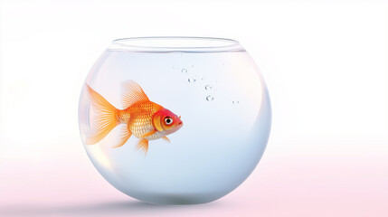 Goldfish swimming in round fishbowl on white background